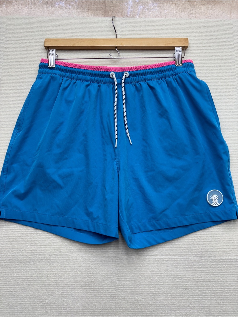chubbies Bright Blue Swim Trunks with Pink Waistband